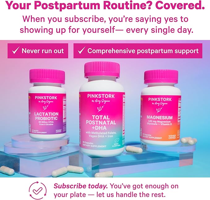 Pink Stork Total Postnatal Vitamins for Women - Mint Essenced Capsules with Vegan DHA, Iron, Folate, and Vitamin B12, Postpartum Recovery Essentials - 1 Month Supply