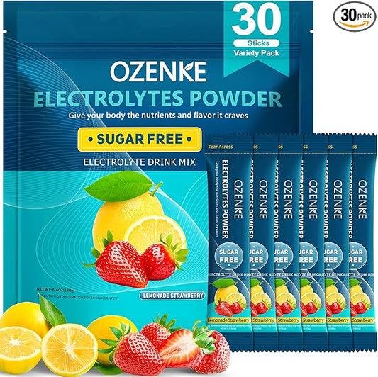 Electrolytes Powder Packets, 30 Sticks Hydration Packets Sugar Free, Electrolyte Drink Mix Portable Electrolyte Packets for Rapid Hydration, 0 Sugar & 0 Calorie, Lemon & Strawberry Flavor