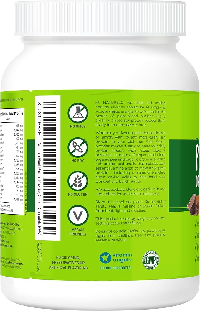 NATURELO Plant Protein Powder, Chocolate, 22g Protein - Non-GMO, Vegan, No Gluten, Dairy, or Soy - No Artificial Flavors, Synthetic Coloring, Preservatives, or Additives - 20 Servings