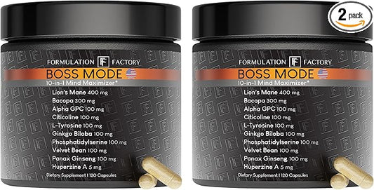 BOSS Mode 10-in-1 Nootropic Cognitive Enhancement Supplement, Focus & Memory Booster, Featuring Lion’s Mane, Bacopa Monnieri, Alpha-GPC, Ginseng & More 240 Capsules (2 Pack)