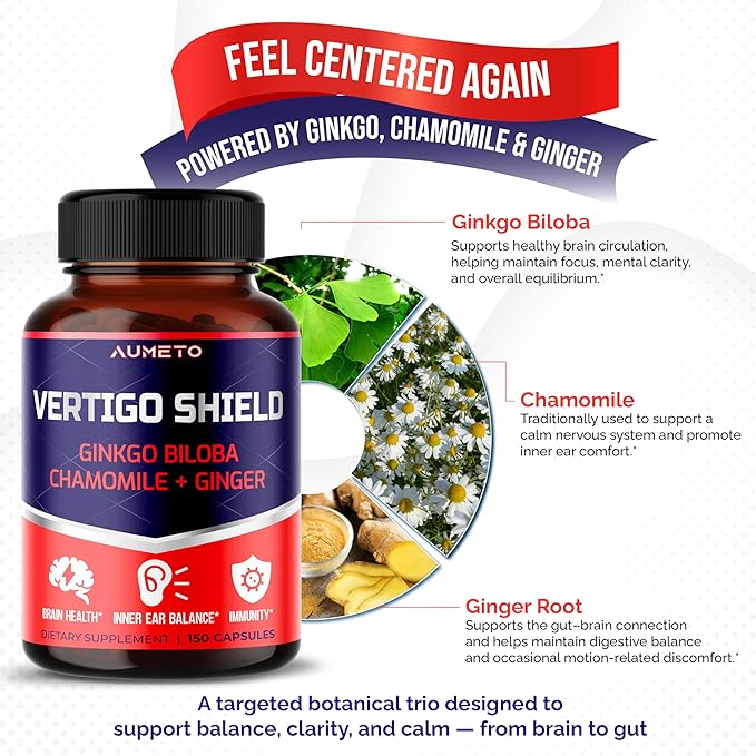 Vertigo Support Complex with Ginkgo Biloba, Chamomile, Ginger, Vitamin D3, B12 - Advanced 14-in-1 Formula for Spinning Dizziness Inner Ear Balance* - Made in The USA