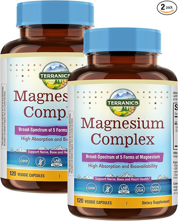 Terranics 5-in-1 Magnesium Complex Supplement 500mg - 5 Forms High Absorption Magnesium Glycinate Citrate Malate Aspartate Gluconate for Sleep Muscle Heart Health - Non-GMO 240 Vegan Capsules
