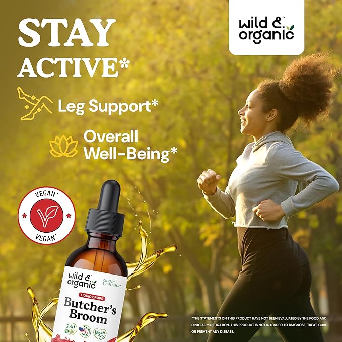 Wild & Organic Butchers Broom Root Drops - Liquid Supplement for Leg Support - Alcohol Free Butcher's Broom Tincture - Ruscus Aculeatus Herb - Vegan, Non-GMO, No Sugar - 2 fl oz