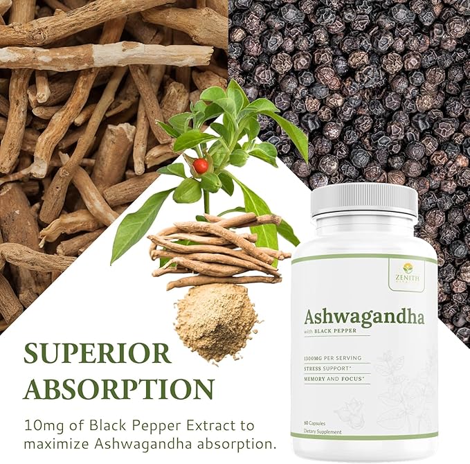 Ashwagandha 1300mg w/Black Pepper Extract, Stress & Coritsol Support, Immune Support Supplement, 60 ct