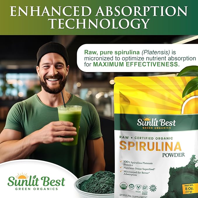Sunlit Best USDA Organic Spirulina Powder - Blue-Green Algae, Raw & Vegan Source of Protein & Chlorophyll | Non-GMO & Gluten-Free Superfood Energy Drink | Immune Support Supplement, 8 oz - 3 Pack