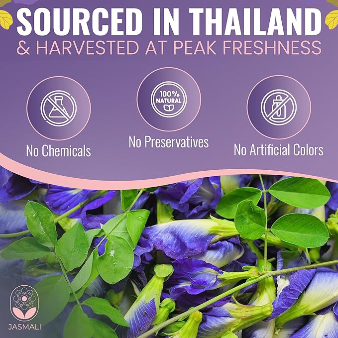 Jasmali Butterfly Pea Flower Tea - 60 Tea Bags, Herbal Tea, Vacuum Sealed for Freshness, Sourced from Thailand, Caffeine Free, Gluten Free, Vegan, Plant-Based, Blue Pea Flower Tea