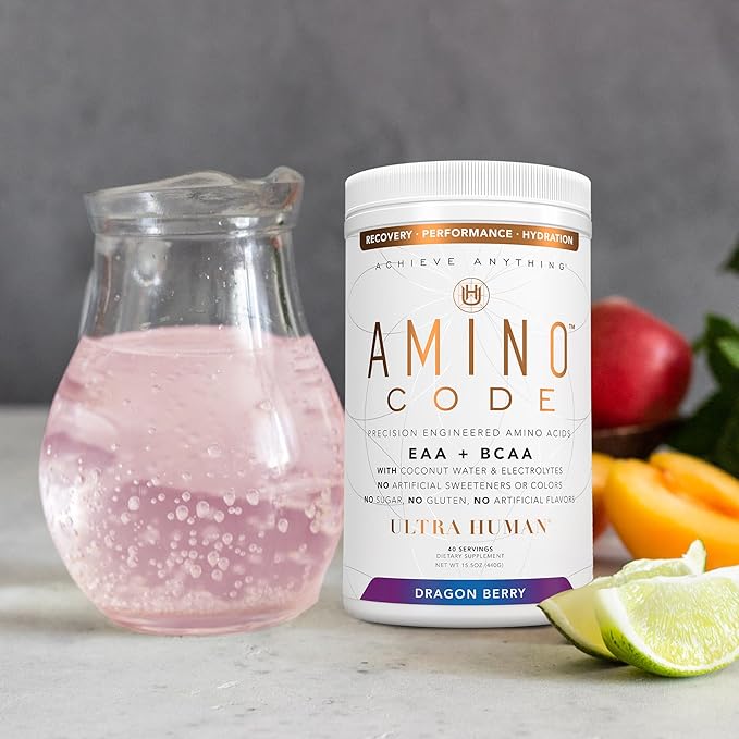 Ultra Human Amino Code | Essential Amino Acids + BCAAs + Coconut Water Electrolytes | Fast Hydration Workout Recovery Flavored Amino Energy Powder Drink | Clean Formula, 40 Servings - Dragonberry