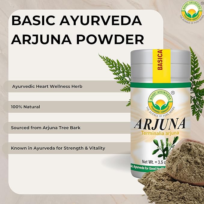 BASIC AYURVEDA Arjuna Bark Powder (Terminalia Arjuna) | Traditionally Used for Heart & Vitality Support | Pure & Natural | Non-GMO, Gluten-Free | 3.53 Oz (100g)