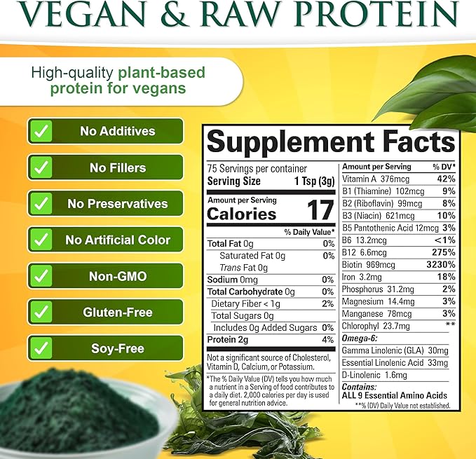 Sunlit Best USDA Organic Spirulina Powder - Blue-Green Algae, Raw & Vegan Source of Protein & Chlorophyll | Non-GMO & Gluten-Free Superfood Energy Drink | Immune Support Supplement, 8 oz - 3 Pack
