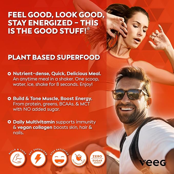 Veeg All in One Protein Smoothie Powder – Plant Based Protein, Vegan Collagen, MCT Oil Organic, Multivitamin, Greens Superfood Powder, Meal Replacement, Probiotics, Sugar Free,15 Servings (Chocolate)