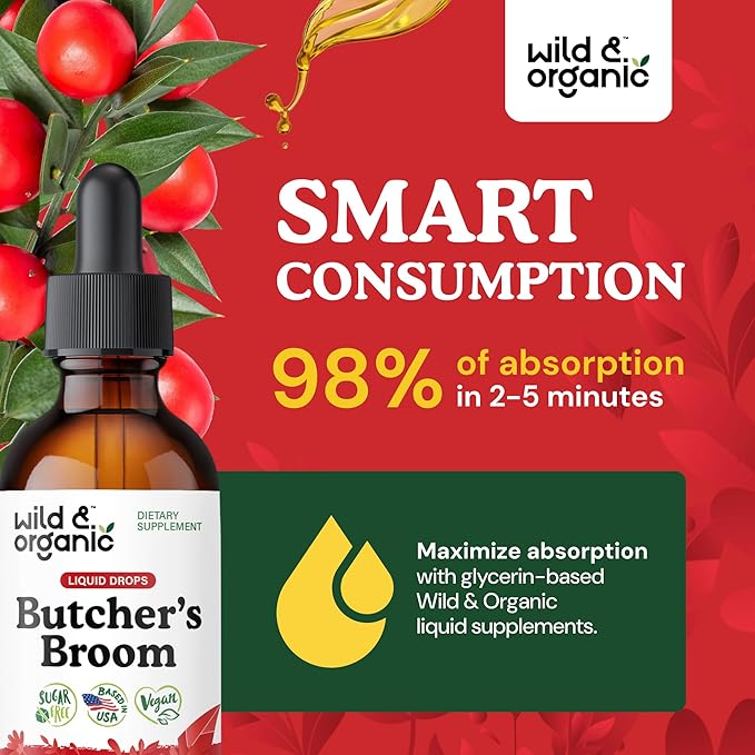 Wild & Organic Butchers Broom Root Drops - Liquid Supplement for Leg Support - Alcohol Free Butcher's Broom Tincture - Ruscus Aculeatus Herb - Vegan, Non-GMO, No Sugar - 2 fl oz