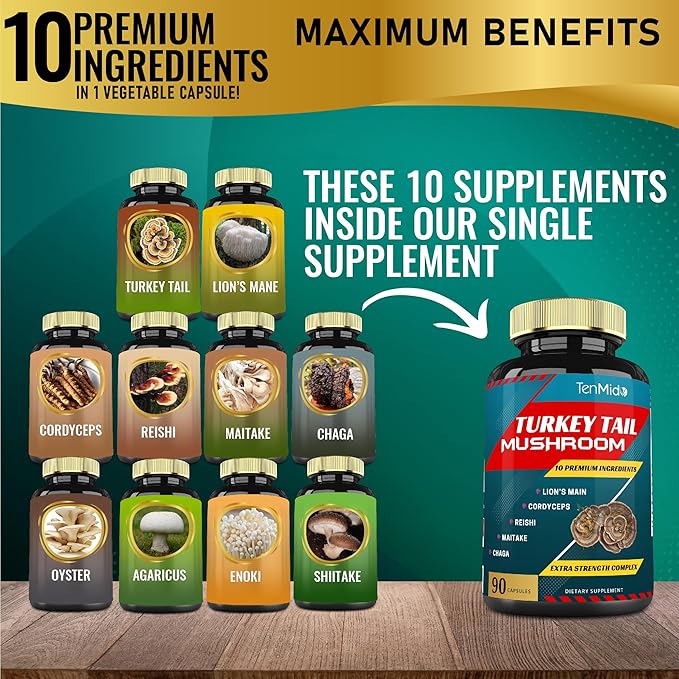 Turkey Tail Mushroom Supplement Extract with Lions Mane, Cordyceps, Reishi and More, 10 Herbs in 1 | Improves Digestive Function, Supports Immune System, 3 Months Supply