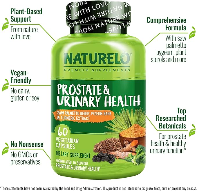 NATURELO Prostate & Urinary Health, Comprehensive Formula with Saw Palmetto, Pygeum, Tumeric, Plant Sterols, Broccoli and Lycopene, 60 Vegetarian Capsules (Pack of 2)