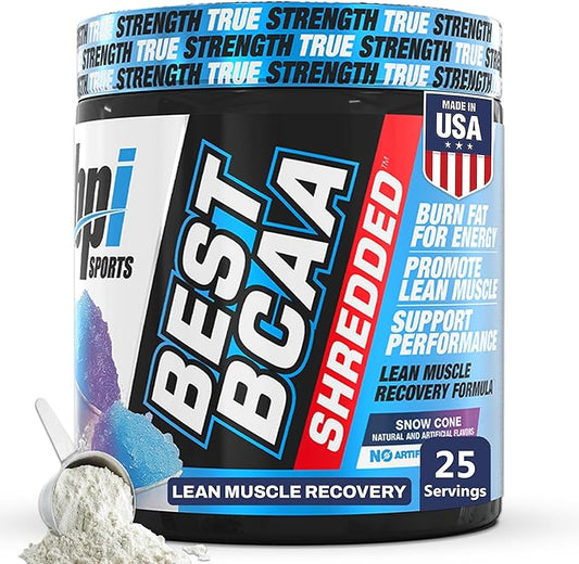 BPI Sports Best BCAA Shredded - Caffeine Free Thermogenic Recovery Drink, Lean Muscle Building BCAA Powder For Women and Men, Preworkout BCAAs Amino Acids Drink- Snow Cone - 25 Servings