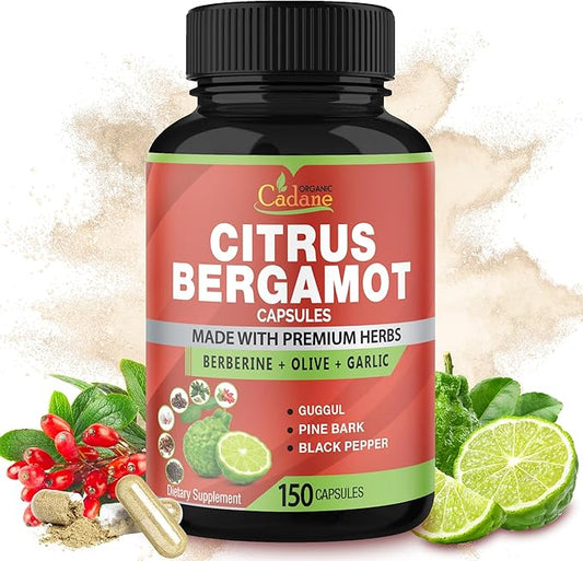 Organic Cadane Citrus Bergamot Supplement Capsules with Berberine, Olive, Guggul, Garlic, Pine Bark, Black Pepper - 150 Caps for 5 Months Supply