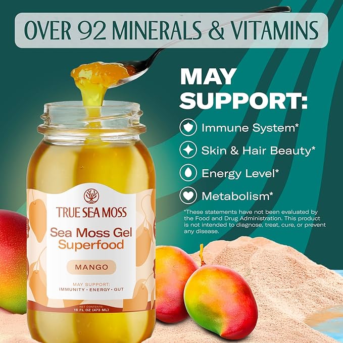 TrueSeaMoss Sea Moss Gel – Made in USA – Wildcrafted Seamoss, Fresh Fruits & Sea Vegetables – Mango, Pack of 3 (Labels may Vary)