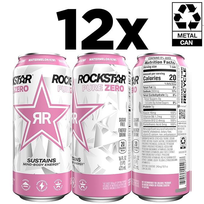 Rockstar Pure Zero Energy Drink,Watermelon Kiwi, 0 Sugar, with Caffeine and Taurine, 16oz Cans (12 Pack) (Packaging May Vary)