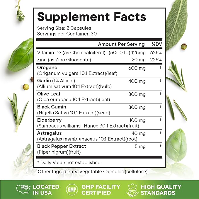 Oregano Oil, Garlic Extract, Olive Leaf, Black Seed Oil, Astragalus-Immune Support & Digestive Health Supplement for Women and Men- 120 Count