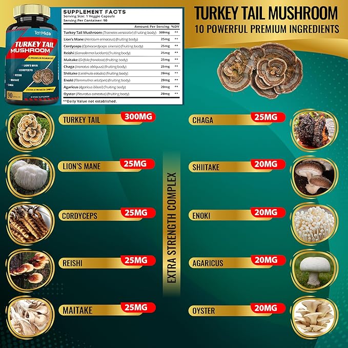 Turkey Tail Mushroom Supplement Extract with Lions Mane, Cordyceps, Reishi and More, 10 Herbs in 1 | Improves Digestive Function, Supports Immune System, 3 Months Supply