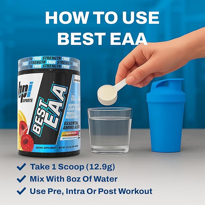 BPI Sports Essential Amino Acids EAA Powder - Pre, Intra & Post Workout Drink - BCAA Powder for Men & Women, EAA + BCAA + Hydration, Advanced Formula with 10g of EAA. (Lemon Berry)