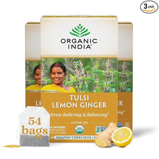Organic India Tulsi Lemon Ginger Herbal Tea - Stress Relieving & Reviving, Immune Support, Aids Digestion, Vegan, USDA Certified Organic, Non-GMO, Caffeine-Free - 18 Infusion Bags, 3 Pack