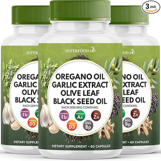 Oregano Oil Garlic Extract Olive Leaf Black Seed Oil Astragalus - Immune Support Supplement for Women and Men- 180 Count