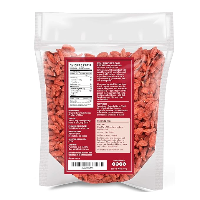 Healthworks Organic Dried Goji Berries - 32oz / 2lb - 1 Pack - Vegan and Non-GMO Certified Organic Raw Sun-Dried Goji Berries