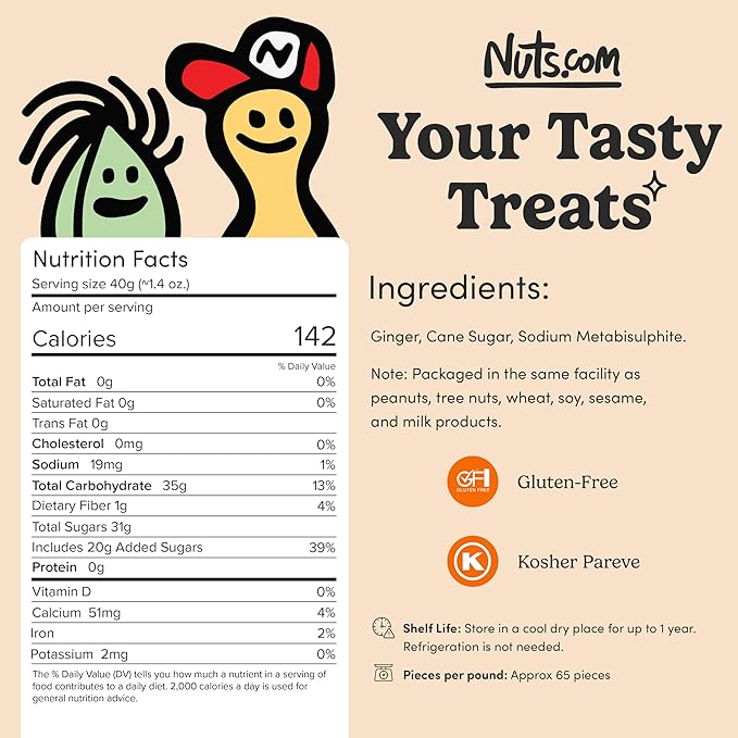 Nuts.com Crystallized Ginger Pieces - Premium Crystallized Ginger Slices - Spicy & Sweet Candied Ginger Pieces - Dried Ginger Chunks, Root - Digestive Snack Crystalized Ginger Pieces (2 lbs)