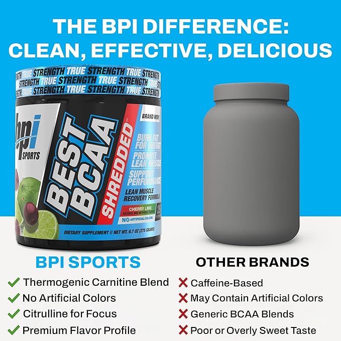 BPI Sports Best BCAA Shredded - Caffeine Free Thermogenic Recovery Drink, Lean Muscle Building BCAA Powder for Women and Men, Preworkout BCAAs Amino Acids Drink- Cherry Lime - 25 Servings