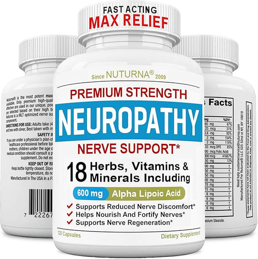 Neuropathy Support Nerve Supplement with 600 mg Pure Alpha Lipoic Acid - Maximum Strength Formula, Fortify Nerves in Fingers, Hands, Toes, & Feet - Best Peripheral Relief Support - 120 Capsules