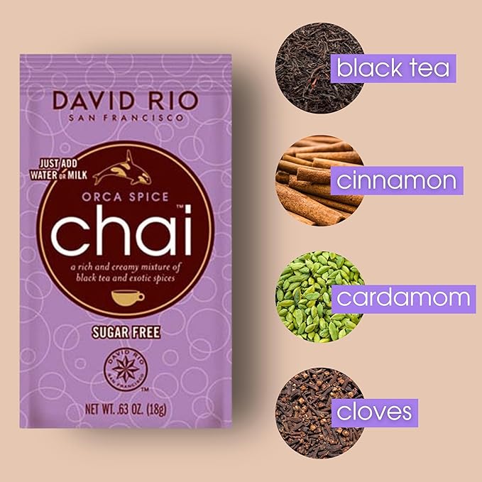 Orca Spice Reduced Calorie Chai Tea Latte Mix, .63 Oz (Pack of 48), Single Serve Packets, Black Tea, Organic Spices, Sugar Free, Dairy Free, Serve Hot or Cold, Just Add Water or Milk