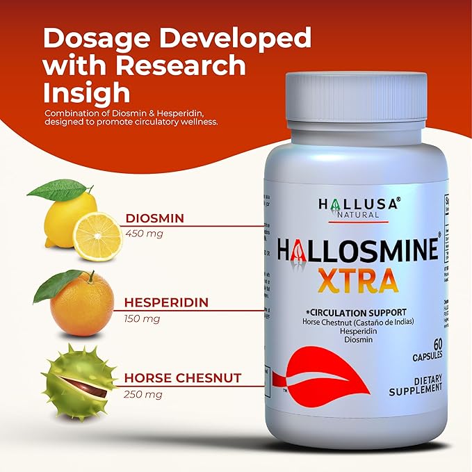 Hallosmine Diosmin Extra Circulation Support, Diosmin Hesperedin + Horse Chestnut Extract, Leg Circulation, Vein Support, Varicose Veins & Blood Circulation Supplement - 60 Caps, 30 Servings