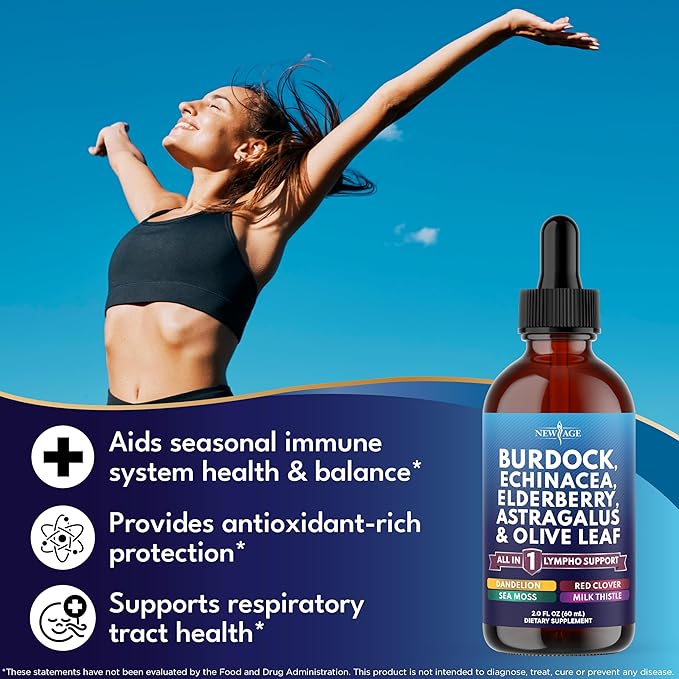 NEW AGE Lymphatic Drainage Supplement - Burdock Lymphatic Support Drops - Burdock Root, Mullein, Echinacea, Elderberry, Dandelion, Astragalus, Milk Thistle, Red Clover - 4 oz