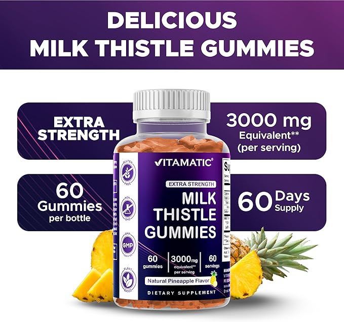 Vitamatic 2 Pack Milk Thistle Gummies- 10000 mg Equivalent Per Serving (from 50:1 Extract 200 mg)- Liver Detox & Anti Oxidant Health - Min. 80% Silymarin Flavonoids - 60 Pectin Based Gummies