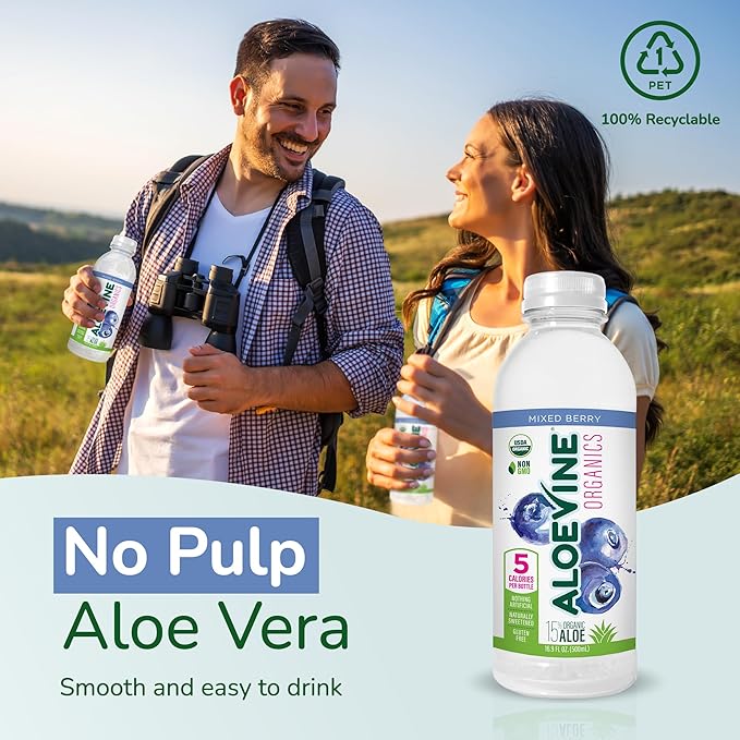 Aloe Vera Juice, No-Pulp Organic Drink, Healthy with Aloe Powder and Lemon Juice, 5 Calories, Low Sugar, No Artificial Ingredients, 16.9 oz, 12 Pack, Mixed Berry - Aloevine