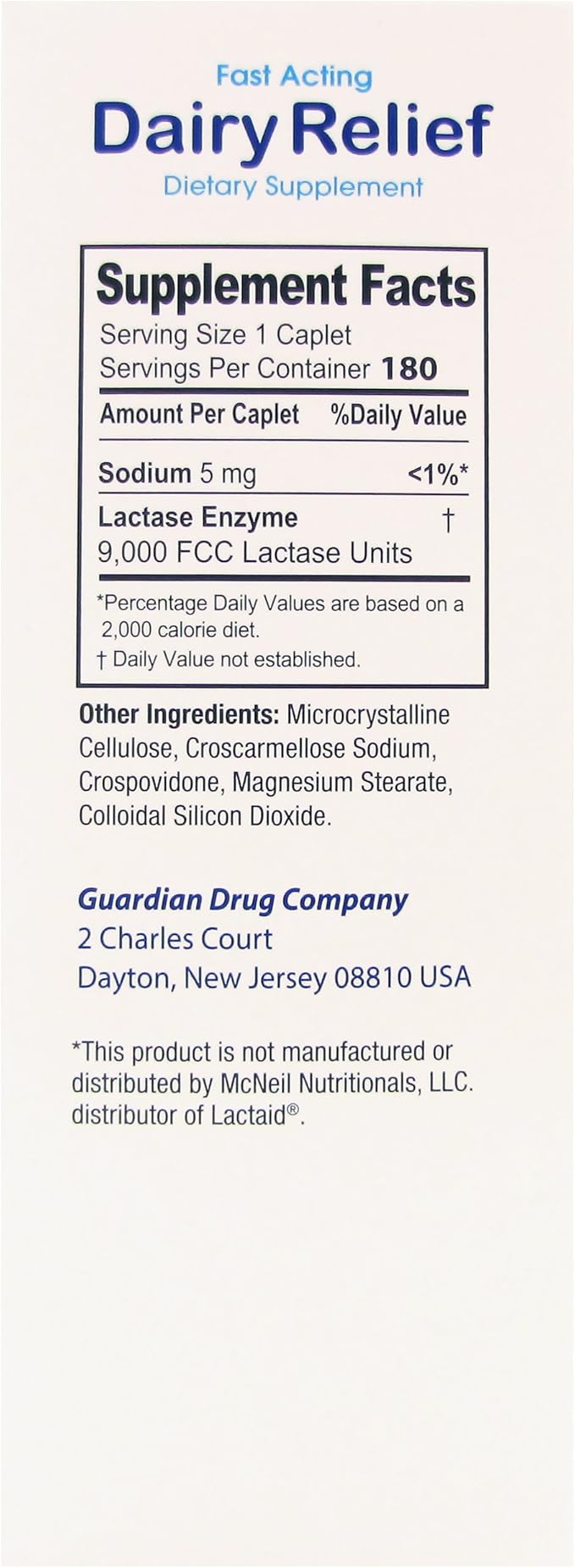 Guardian Dairy Relief Fast Acting Lactase, 360 Caplets, 9000 FCC Maximum Strength, Lactose Intolerance Pills, Lactase Enzyme Supplement (360 CT)