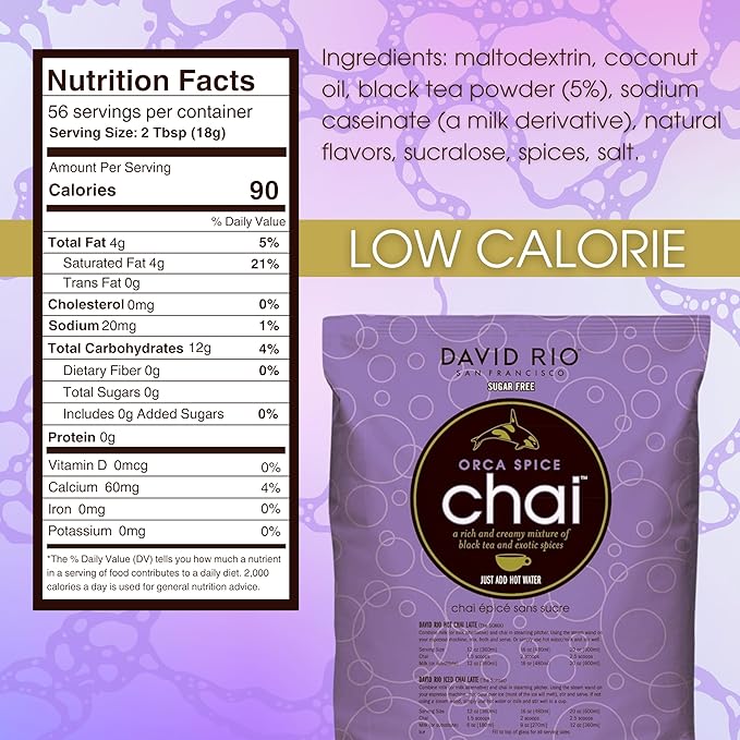 Orca Spice Reduced Calorie Chai Tea Latte Mix, 47.6 Oz, Black Tea, Organic Spices, Sugar Free, Dairy Free, Serve Hot or Cold, Just Add Water or Milk, 56 Servings, Perfect for Food Service