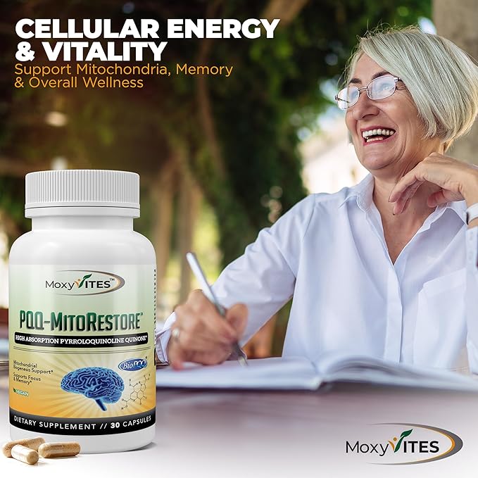 PQQ MITORESTORE Brain Supplements for Memory and Focus - Mitochondria Supplement with BioPQQ 20mg - Purest Form NOT Chemically Synthesized, Cognitive and Heart Support - 30 Vegan Capsules, Non GMO