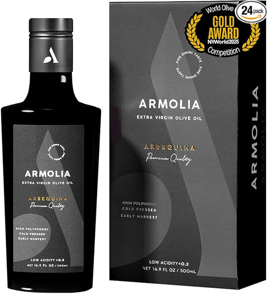 ARMOLIA 24-Pack Olive Oil Extra Virgin, Cold Pressed, Early Harvest, High Polyphenol (<400 mg/kg), Low Acidity (0.14%), 2025 Gold Award Winner, Drinking Premium Glass Bottle EVOO ( 24 Pack x 500mL , 405.6 Oz )