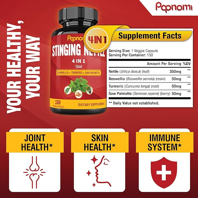 Stinging Nettle Extract Capsules - 4in1 Combined with Boswellia, Turmeric & Saw Palmetto - 150 Counts for 5 Months - Supports Joint, Body Management, Skin, Hair & Immunity