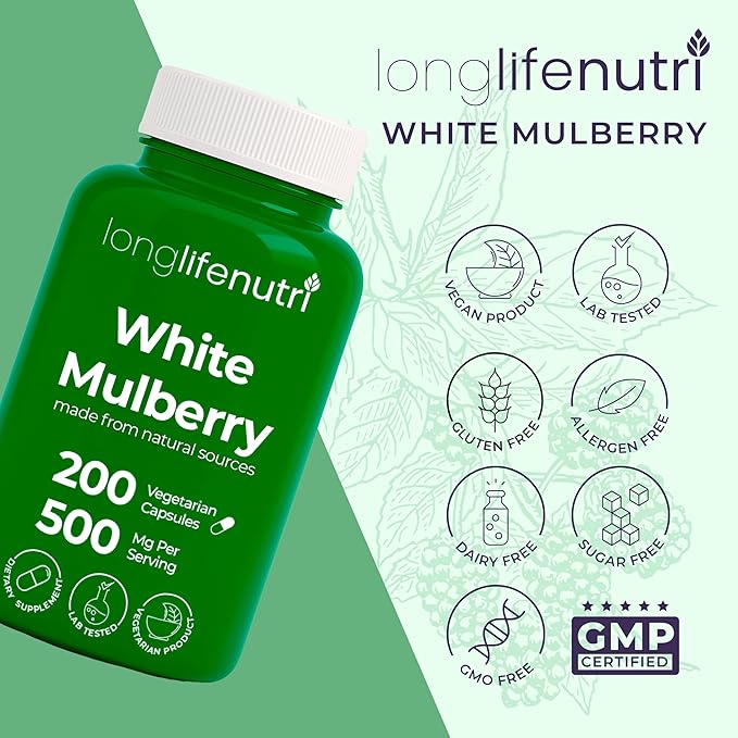 White Mulberry Leaf Extract 500mg - Sourced from Morus Alba Leaf, 200 Vegetarian Capsules, Supplement for Natural Balance and Wellness, 200-Day Supply, GMP Certified, Made in USA