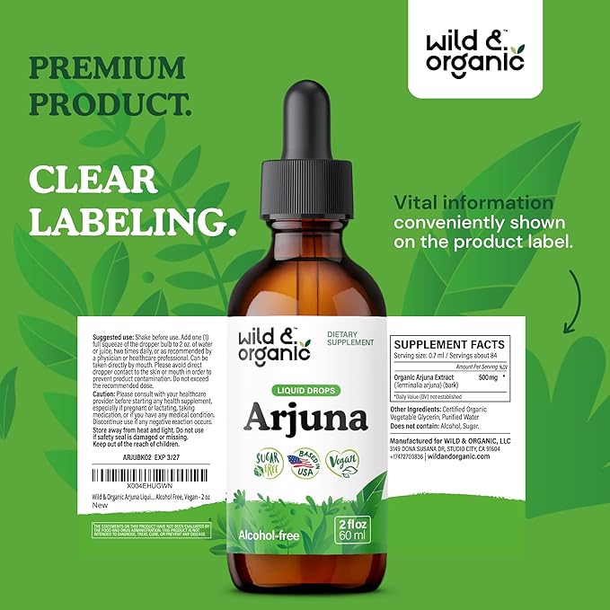 Wild & Organic Arjuna Tincture - Overall & Antioxidant Support Supplement - Terminalia Arjuna Bark Extract Drops - Vegan, Sugar & Alcohol-Free - 2 fl oz