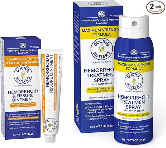 Doctor Butler's Hemorrhoid Treatment Bundle - Includes Advanced Hemorrhoid & Fissure Ointment with Lidocaine for Fast Acting Relief and Hemorrhoid Spray with Witch Hazel for Itch Relief*