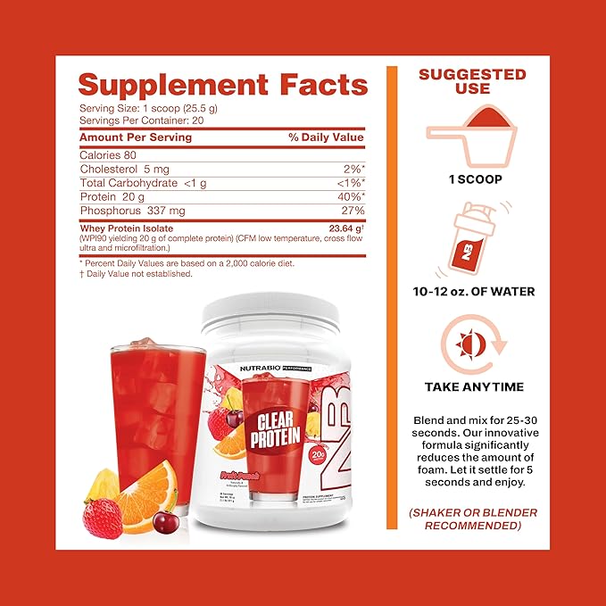 NutraBio Clear Protein Powder, Fruit Punch - 20 Servings, 20g Clear Whey Protein Isolate, 0 Sugar, 0g Lactose, Refreshing Fruit Flavors, GLP1 Support - Bone Health - Muscle Post Workout Recovery