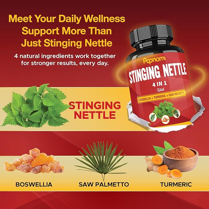 Stinging Nettle Extract Capsules - 4in1 Combined with Boswellia, Turmeric & Saw Palmetto - 150 Counts for 5 Months - Supports Joint, Body Management, Skin, Hair & Immunity
