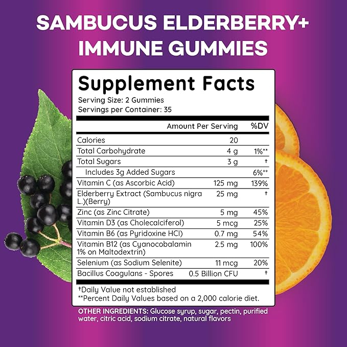 Elderberry Gummies Immune Support, Daily Support for Kids and Adults*, with Sambucus Elderberry, Zinc, Vitamin C, D3, B6, B12, Plus - Dietary Supplement - 70 Count
