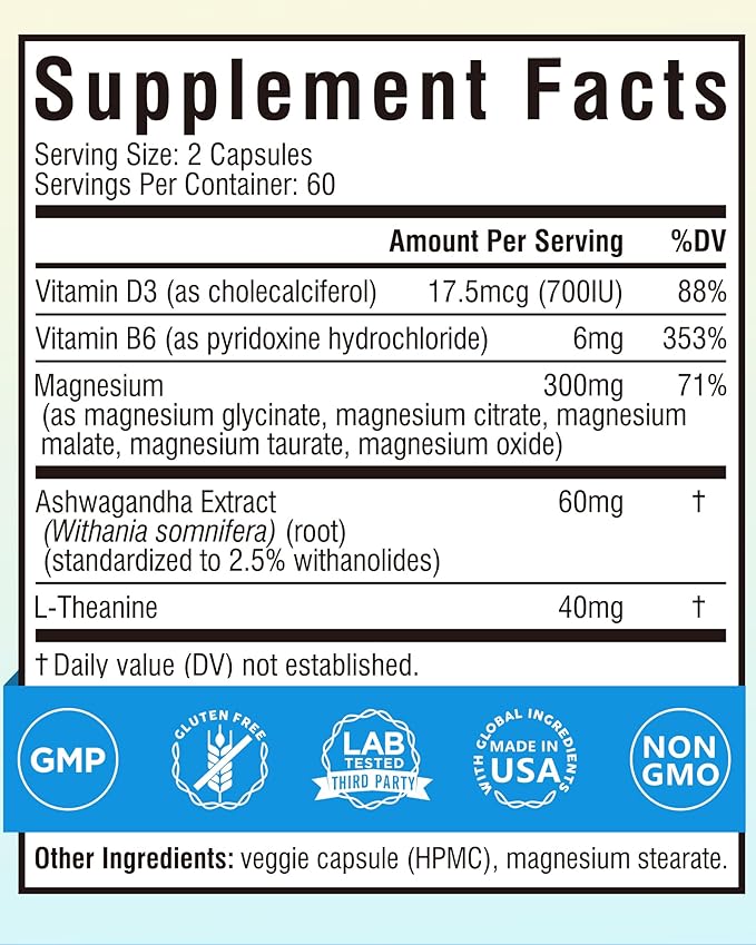 Terranics Magnesium Complex Supplement with Glycinate, Citrate, Taurate & Malate | Supports Nerve & Mood Health | Includes Ashwagandha, L-Theanine, Vitamin D3 & B6 | 120 Capsules | Non-GMO