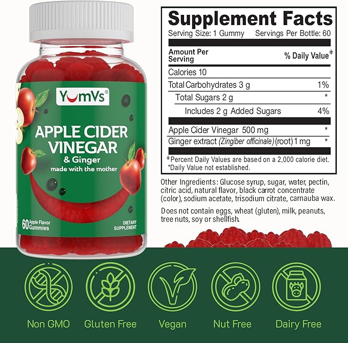 YUM-V'S Apple Cider Vinegar Gummies – ACV Gummies with Ginger & The Mother – Supports Metabolism, Vitality & Daily Wellness – Natural Apple Flavor Vegan, Non-GMO, Gluten-Free, Cider Gummy – 60 Count
