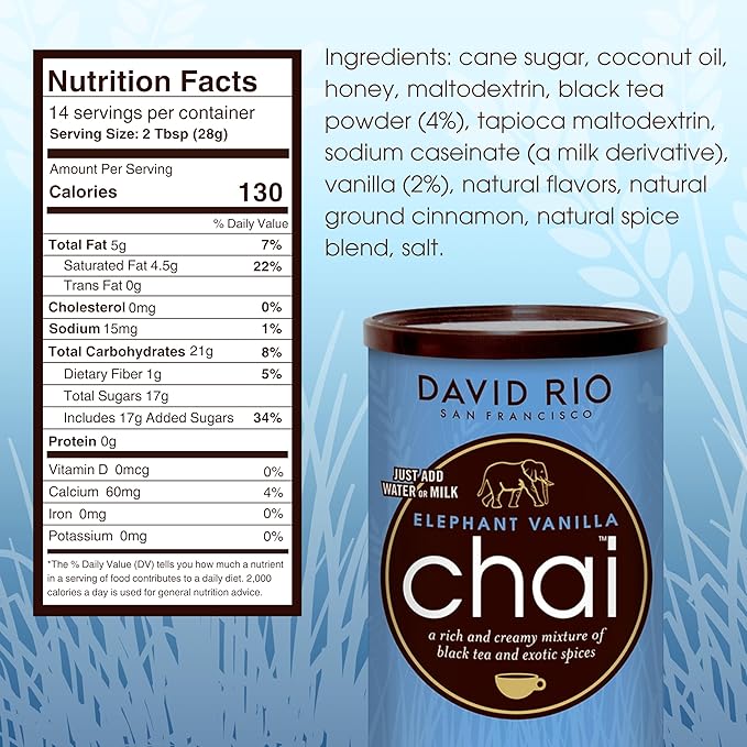 Elephant Vanilla Chai Tea Latte Mix, 14 Oz, Black Tea, Organic Spices, Dairy Free, Serve Hot or Cold, Just Add Water or Milk, 14 Servings