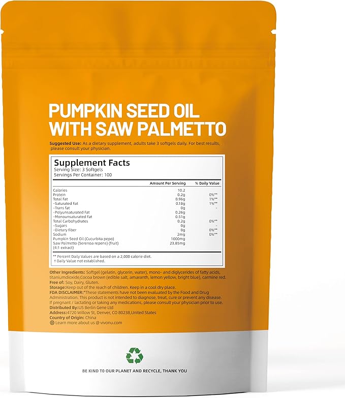 Pumpkin Seed Oil with Saw Palmetto Capsules | Cold Pressed, Pure Virgin Oil, Essential Fatty Acids & Phytosterols | 300 SoftgelsSupports Hair, Urinary, Bladder & Prostate Health, Non-GMO